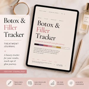 Può includere: Un tracker digitale Botox & Filler su un tablet, con testo e un design di lusso. Il tracker è un diario di trattamento per risultati, ritocchi e luminosità. Una penna, un flacone di profumo e uno specchietto compatto sono anche nell'immagine.