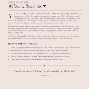 May include: A page from a guide titled "Welcome, Romantic" with text and a heart symbol. The text includes instructions on how to use the guide and a quote by Kahlil Gibran.