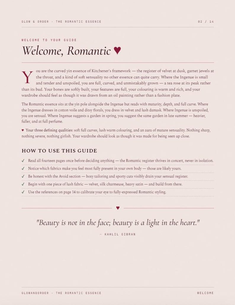 May include: A page from a guide titled "Welcome, Romantic" with text and a heart symbol. The text includes instructions on how to use the guide and a quote by Kahlil Gibran.