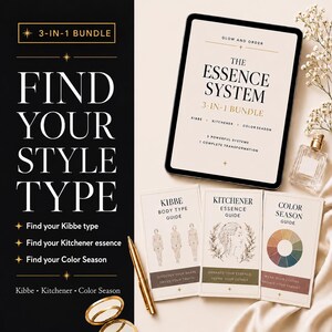 May include: A digital tablet displaying The Essence System 3-in-1 Bundle, accompanied by three printed guides for Kibbe Body Type, Kitchener Essence, and Color Season. A gold pen and a small perfume bottle are placed nearby on a draped fabric surface.