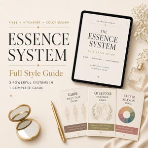 May include: A promotional image for "The Essence System Full Style Guide", including a tablet, three guidebooks, a gold pen, a compact mirror, and a perfume bottle. The guidebooks cover Kibbe, Kitchener, and Color Season topics.