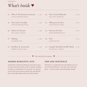May include: A magazine page with the title "What's Inside" and a heart symbol. The contents include sections on style principles, fabrics, makeup, and accessories. The page has a soft, neutral color palette.
