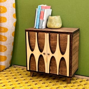Miniature Mid-Century Modern Credenza | 1:12 Scale Hand-Stained Wood Furniture | Walnut Stain