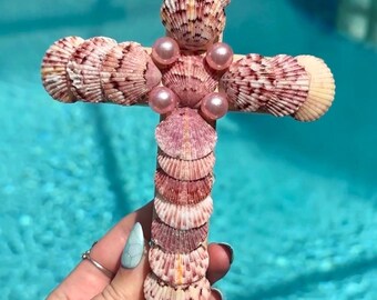 Handmade Pink Calico Scallop Seashell Cross with Pearls