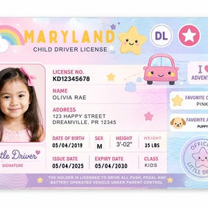 May include: A rectangular Maryland child driver licence card with a pastel pink and blue gradient background. It features a photo of a young girl, the text MARYLAND CHILD DRIVER LICENCE, KD12345678, OLIVIA RAE, 123 HAPPY STREET, 96.5 cm, 15.8 kg, and a pink car graphic.