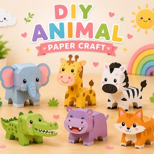 Utskrivbart DIY 3D-safaripappersdjurspaket | Safaridjurpyssel för barn | Klipp, vik, lim-aktivitet | Direktnedladdning av PDF