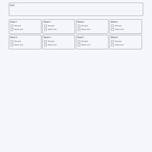 以下が含まれることがあります： GOAL PROGRESS TRACKER Special Education / IEP Supportと書かれた青いヘッダーを持つ目標進捗トラッカー文書。大きな目標入力ボックスと、Met goalおよびNeeds workのチェックボックスを備えた8つの週次セクションで構成されています。