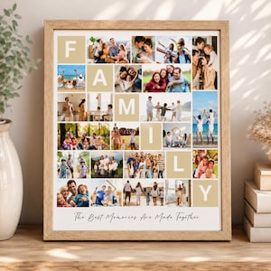 May include: A rectangular wooden frame containing a photo collage with the word FAMILY spelled out in large white letters on tan squares. The collage features various family photos and the text The Best Memories Are Made Together at the bottom.