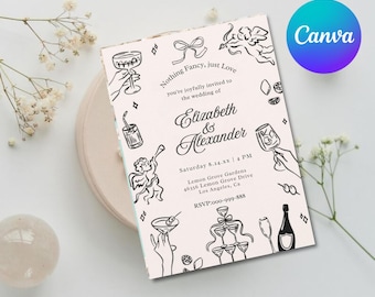 Editable Retro bow wedding invitation template, hand drawn, cherub cocktail wedding invite casual rehearsal dinner announcement