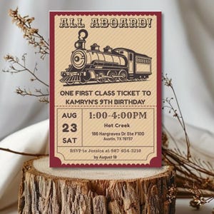 May include: A vintage-style birthday invitation with a train illustration. The invitation reads "All Aboard!" and includes details for Kamryn's 9th birthday, including the date, time, and location in Austin, TX.