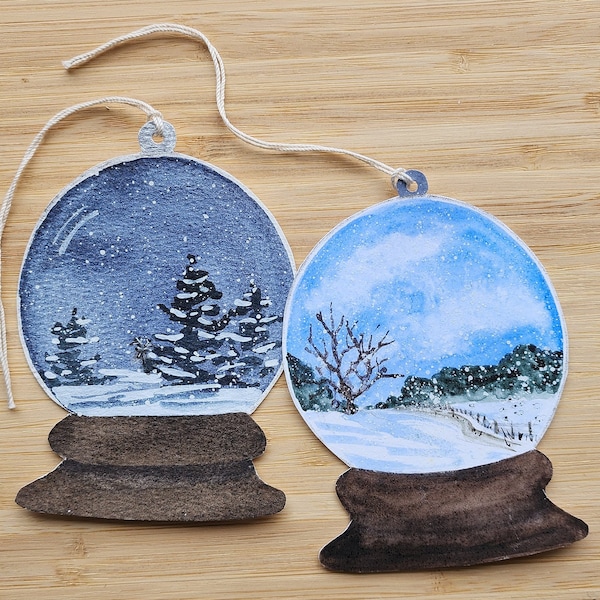 Set of 2 Hand painted Snowglobe Cookie Cutter Gift Tags. Watercolor, silver, multi colored, hand painted tags for Christmas presents. Scenes