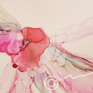 May include: Abstract painting with pink, red, and gray colors. The painting features a large, abstract flower shape in the center.