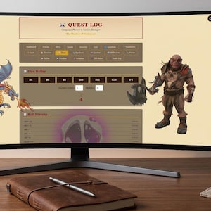 May include: A computer monitor and smartphone displaying a "Quest Log" interface for a tabletop role-playing game. The monitor shows a dragon illustration and a character. A leather-bound notebook and dice tray are in the foreground.
