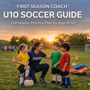 May include: Image of a soccer coach with three young children on a field. The coach is wearing a navy blue shirt with "COACH" on it. The children are wearing yellow, green, and red shirts. The text "U10 SOCCER GUIDE" is at the top of the image.