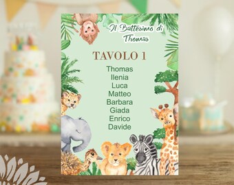 Jungle Animals Baptism Table Number – Personalized Card for Party Tables, Birthdays – Jungle Safari Style (ANM-04-PH)