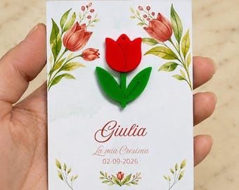 Red Tulip Confirmation Favor, Birthday Pendant with Personalized Card, Keepsake for Communion Guests (FLR-28-3D)