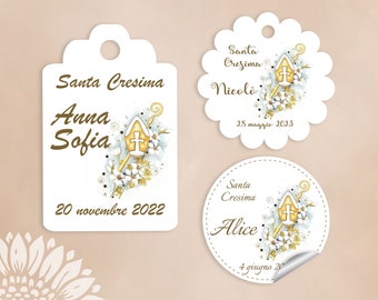 10 pezzi Cartellini o Adesivi SANTA CRESIMA personalizzati, varie misure, bomboniere, cartellini, adesivi, segnaposto