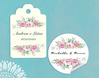 10 pezzi Cartellini o Adesivi personalizzati ideali per bomboniere FLOWER, Battesimo, Comunione, Matrimonio,  (flowerMICHELLE)