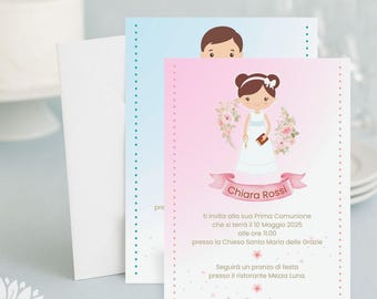 Personalized First Communion Invitations for Girls and Boys – 13 x 18 cm Cards with Envelopes – Pink and Blue Flower Print (C07-INV)