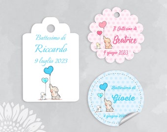 10 pezzi Etichette per battesimo personalizzati, tag bimbo, azzurro, bomboniere, rosa, etichette, battesimo, bimba, tondo elefante