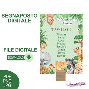 PDF SEGNAPOSTO digitale JUNGLA, Battesimo, Prima Comunione, Matrimonio, Nozze, Party Kit, bomboniera, download safari