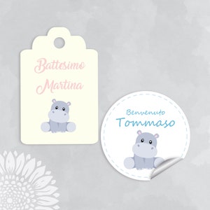 10 pezzi Cartellini o Adesivi Battesimo personalizzabili IPPOPOTAMO, nascita, baby shower, compleanno, ringraziamento, tag, adesivi