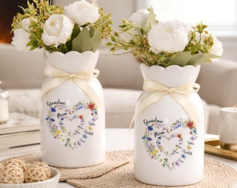 Vaso de flores personalizado para avó e mãe, vaso de flores em formato de coração com nomes de crianças, presente para avó, vaso de cerâmica para o Dia das Mães.
