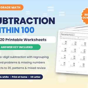 May include: A set of 20 printable 2nd grade math worksheets for subtraction within 100, featuring regrouping, word problems, and missing numbers. The pages are black and white, formatted for US Letter size, and include an answer key.