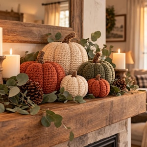 May include: A collection of five crocheted pumpkins in varying sizes and colors, including cream, burnt orange, and olive green, each featuring a brown stem. The pumpkins are arranged with pinecones and eucalyptus leaves on a wooden mantel.