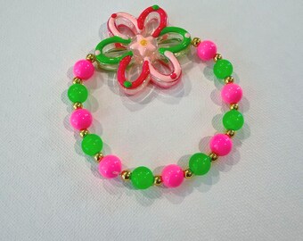 Pink & Green Tropical Flower Bracelet | Colorful Summer Jewelry | Lilly Pulitzer Inspired