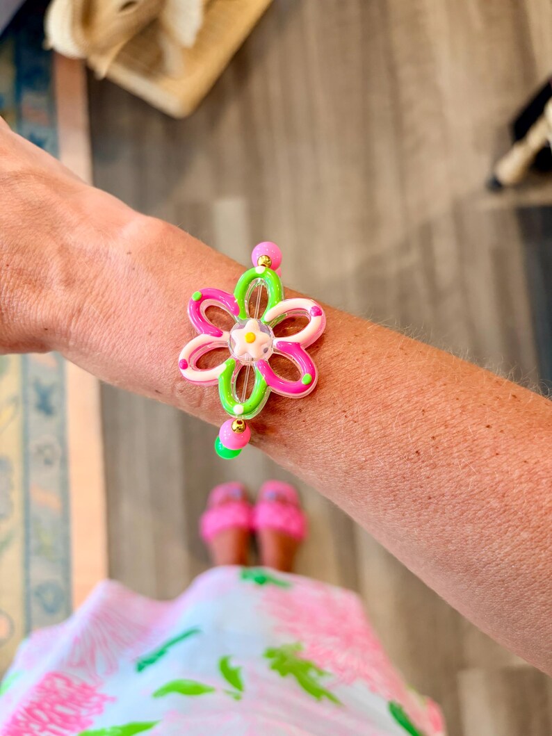 Pink & Green Tropical Flower Bracelet | Colorful Summer Jewelry | Lilly Pulitzer Inspired image 6