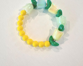 Yellow Tulip Bracelet | Colorful Spring Jewelry | Bright Floral Beaded Bracelet