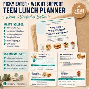 May include: A printable PDF teen lunch planner titled "Picky Eater + Weight Support Teen Lunch Planner: Wraps & Sandwiches Edition." The design includes sample meal ideas, a grocery list, and a nutrition guide. The planner is designed to reduce school lunch stress.