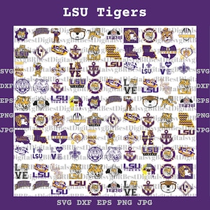 May include: A digital collection of LSU Tigers graphics featuring various tiger heads, mascots, anchors, fleur-de-lis, and text designs in purple and gold. The grid includes multiple logos, heart shapes, and state outlines, all labeled with file formats.