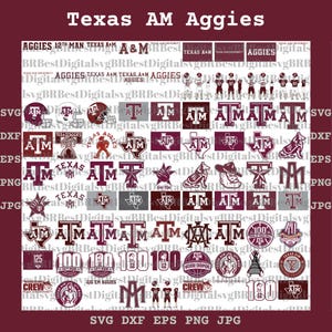 May include: A digital collection of Texas A&M Aggies graphics featuring various logos, text, and illustrations in maroon and white. The set includes the ATM monogram, state of Texas outlines, mascot figures, and commemorative anniversary emblems.