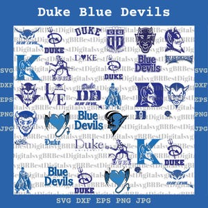 Może przedstawiać: Kolekcja niebieskich logo i grafik tekstowych Duke Blue Devils ułożonych w siatkę. Projekty obejmują różne przedstawienia maskotki, literę D, literę K, serca z rogami oraz tekst Duke, prezentowane przy użyciu wielu różnych stylów czcionek.