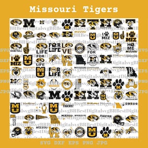 May include: A digital collection of Missouri Tigers graphics featuring various logos, tiger heads, paw prints, and text elements like MIZ, MU, and Missouri Tigers. The designs are rendered in black and gold, presented as a grid of individual icons.