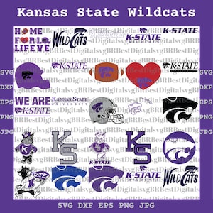 May include: A digital collection of Kansas State Wildcats graphics featuring various logos, text, and illustrations including a football, heart, helmet, and mascot characters in purple, white, and black, presented in a grid format for design use.