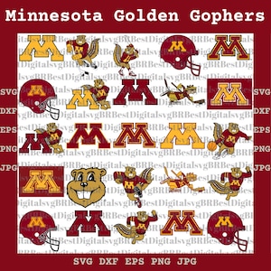 Może przedstawiać: Cyfrowa kolekcja grafik Minnesota Golden Gophers przedstawiająca logo z literą M, maskotki gophera w różnych pozach sportowych oraz kaski do futbolu amerykańskiego w kolorach bordowym i złotym. Tekst Minnesota Golden Gophers znajduje się na górze.