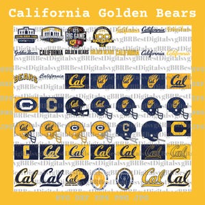 May include: A digital collection of California Golden Bears logos, text, and icons in blue and gold. The image features various football helmet designs, the letter C, bear paw prints, and the text California Golden Bears in multiple fonts and styles.