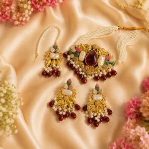Rubinrot Kundan Schmuck Set | Perle Perlen Choker Halskette |Brautschmuck | Indische Hochzeits-Halskette & Ohrringe | Statement Schmuck