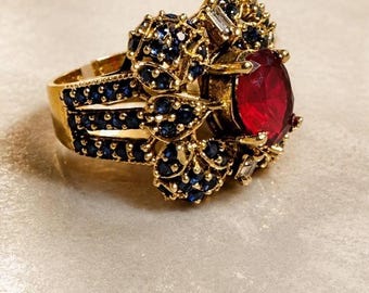 Vintage Ottoman Ruby Red Statement Ring, Gold Sapphire Accents, Adjustable Turkish Cocktail Ring