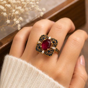 May include: A gold ring featuring a large oval ruby center stone. The ruby is surrounded by a floral design with dark blue and white accent stones. The ring has a detailed band.