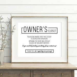 Printable Sign, Owner's Closet, AirBNB, VRBO, Rental, Home, Bathroom, Privacy Sign, Welcome, jpg, pdf image 1