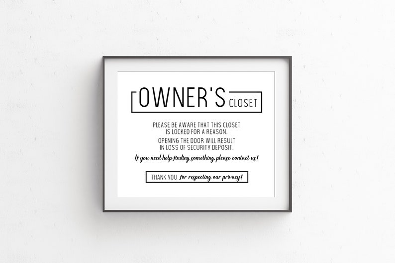Printable Sign, Owner's Closet, AirBNB, VRBO, Rental, Home, Bathroom, Privacy Sign, Welcome, jpg, pdf image 3