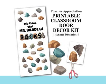 Afdrukbare deurdecoratiekit Teacher Appreciation: Our Teacher ROCKS (pdf-download)
