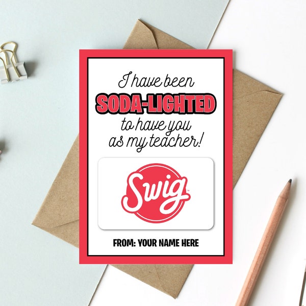 Editable Printable Swig Gift Card Holder  - Thank You Teacher Appreciation Week Soda, Drink, Coffee, Shopping, Restaurant School PTA