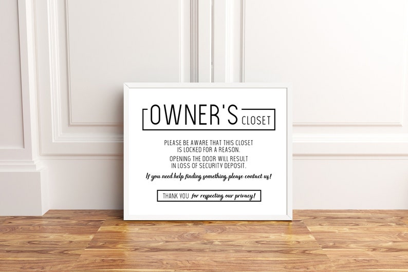 Printable Sign, Owner's Closet, AirBNB, VRBO, Rental, Home, Bathroom, Privacy Sign, Welcome, jpg, pdf image 2