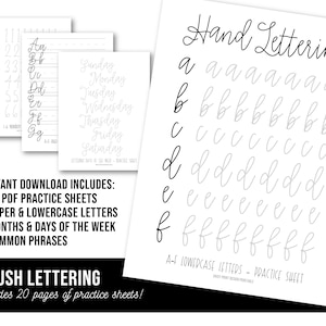 Handlettering Übungs PDF - Druck oder digital, dünne Linie, einfach Brush Script Lettering, Kalligraphie, Alphabet, Anfänger, schwarz und weiß