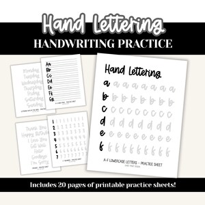 May include: A collection of printable hand lettering practice sheets. The sheets include lowercase letters, numbers, and words like "Thank You" and "Happy Birthday." The title "Hand Lettering" is at the top. The image also includes the text "Includes 20 pages of printable practice sheets!"